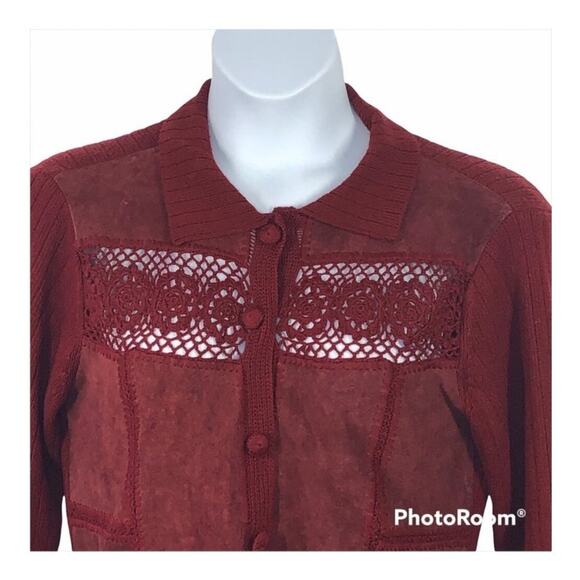 J. Jill Rustic Red Crochet Wool & Suede Patchwork Long Cardigan Sweater Jacket - Picture 3 of 16